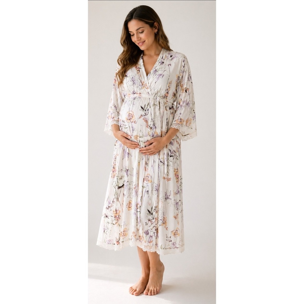 A Pea In The Pod Floral Nursing Robe Pockets Lace Trim Womens Medium